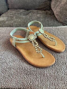 Women’s Embellished Mint Braided T-Strap Sandals